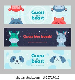 Wild animal banners set cartoon vector illustration. Cute beasts for kids club, wild quiz. Panda, monkey, racoon, giraffe characters in flat colorful design. Game, animal, nature, zoo, circus concept
