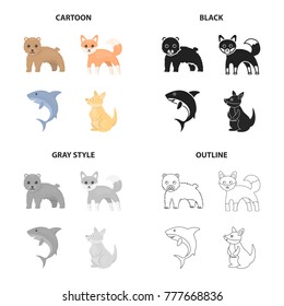 Wild animal bear, ravenous shark, kangaroo, sly fox. Animals set collection icons in cartoon black monochrome outline style vector symbol stock illustration web.