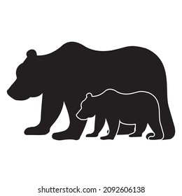 Wild Animal Big bear with a small bear cub, black isolated silhouette icon
