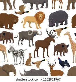 Wild animal and bird seamless pattern background for hunting sport themes design. Forest deer, bear and duck, african safari elephant, lion and giraffe, rhino, hippo and zebra, hare, elk and boar