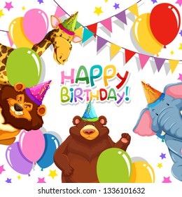 Wild animal in birthday template illustration