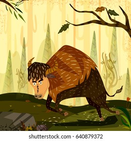Wild animal Bison in jungle forest background in vector