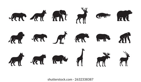 Wild animal black silhouette design bundle, set of  wildlife elephant, tiger, lion, giraffe, deer, Chimpanzee, fox creature logo icon, clip art symbol