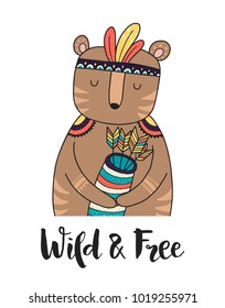 Wild animal, boho illustration. Woodland animal with decorative elements. Printable nursery prints.Vector bear and lettering