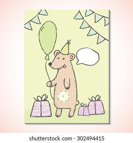 Wild animal brown bear with balloon, gifts, garlands, cap and with round chat bubbles for text Vector illustration eps10