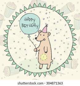 Wild animal brown bear with balloon, garlands, cap on seamless pattern with birthday cupcakes and a candle for invitation, birthday cards Vector illustration eps10