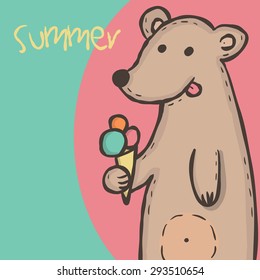Wild animal brown bear with pink orange and blue ice cream Vector  illustration eps10