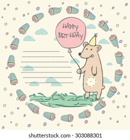 Wild animal brown bear with pink balloon, grass, clouds, cap in a wreath of birthday cupcakes for invitation, birthday cards  with space for text Vector illustration eps10