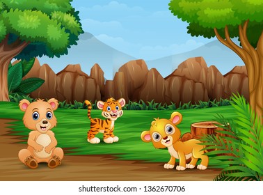 Wild animal cartoon in the beautiful nature landscape