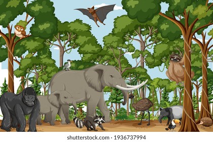 Wild animal cartoon character in the forest scene illustration