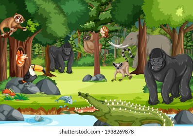 Wild animal cartoon character in the forest scene illustration