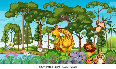 Wild animal cartoon character in the forest scene illustration