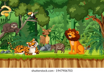 Wild animal cartoon character in the forest scene illustration