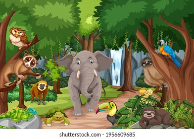 Wild animal cartoon character in the forest scene illustration