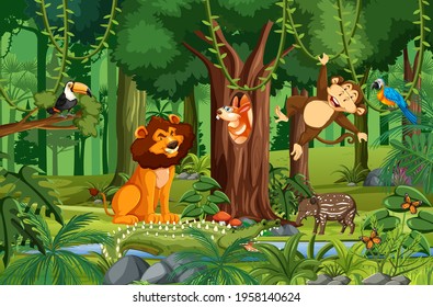 Wild animal cartoon character in the forest scene illustration