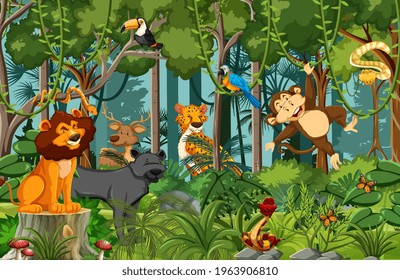 Wild animal cartoon character in the forest scene illustration