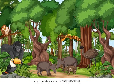 Wild animal cartoon character in the forest scene illustration