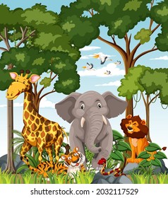 Wild animal cartoon character in the forest scene illustration