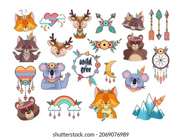 Wild animal cartoon characters in bohemian style sticker set. Drawn koala, fox, bear and cute elements vector illustrations isolated on white background. Wildlife, boho concept for scrapbook template