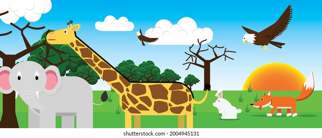 wild animal cartoon in a cute zoo Both carnivores and herbivores.