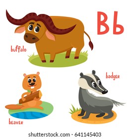 Wild animal in cartoon style. Vector illustration of buffalo, beaver, badger isolated on white. Cute zoo alphabet, letter B. Illustration used for magazine, poster, card, book, web pages.
