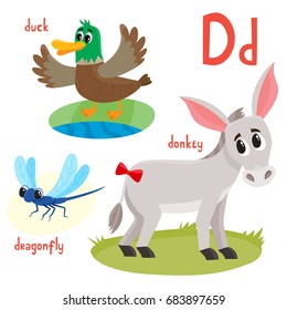 Wild animal in cartoon style. Vector illustration of duck, donkey, dragonfly isolated on white. Cute zoo alphabet, letter D. Illustration used for magazine, poster, card, book, web pages.