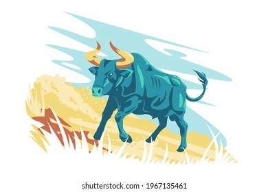 Wild animal character aurochs vector illustration. Aurochs animal in green colour with two horns and small tail flat style. Wild nature and buffalo creature concept. Isolated on white background