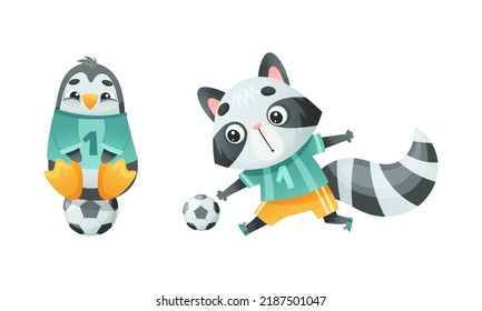 Wild Animal Character Playing Football Wearing Uniform Passing Ball Vector Set