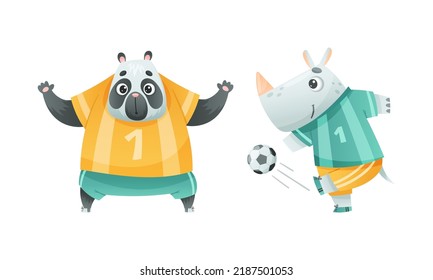 Wild Animal Character Playing Football Wearing Uniform Passing Ball Vector Set