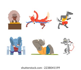 Wild Animal Characters Doing Sport Playing Chess, Swimming, Running, Doing Abdominal Crunches, Lifting Barbell and Dumbbells Vector Set