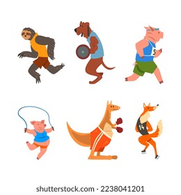 Wild Animal Characters Doing Sport Running, Lifting Heavy Barbell, Boxing, Skipping Rope and Ice Skating Vector Set