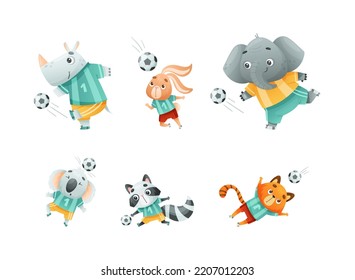 Wild Animal Characters Playing Football Wearing Uniform Passing Ball Vector Set