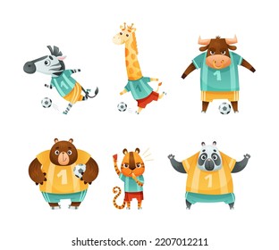 Wild Animal Characters Playing Football Wearing Uniform Passing Ball Vector Set