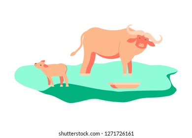 Wild animal concept. Indian bull with baby. Vector illustration