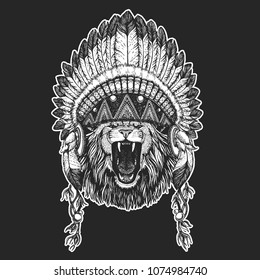 Wild animal Cool animal wearing native american indian headdress with feathers Boho chic style Hand drawn image for tattoo, emblem, badge, logo, patch