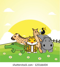 wild animal crocodile, hyena, cheetah, kangaroo, rhino, horn bill with grass land background