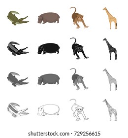 Wild animal, crocodile reptile, hippo, monkey, tall giraffe. Different kind of animal set collection icons in cartoon black monochrome outline style vector symbol stock illustration web.