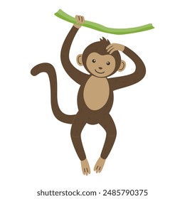 A wild animal. A cute monkey is hanging on a branch isolated on a white background. Flat vector illustrations for children.