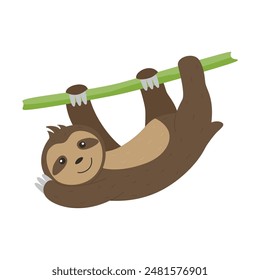 A wild animal. A cute sloth is hanging on a branch isolated on a white background. Flat vector illustrations for children.