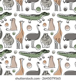 Wild Animal Doodle Texturas Sem Costura. Coleção de Padrões de Criaturas do Safari Ilustradas