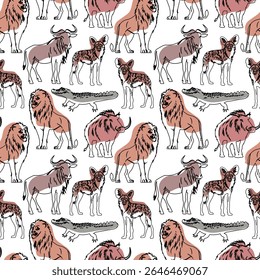 Wild Animal Doodle Texturas Sem Costura. Coleção de Padrões de Criaturas do Safari Ilustradas