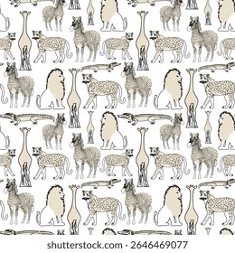 Wild Animal Doodle Seamless Textures. Illustrated Safari Creatures Pattern Collection