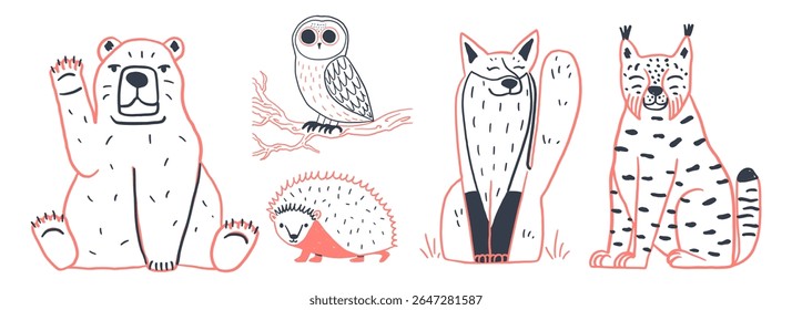 Conjunto de rabiscos de animais selvagens. Conjunto de animais florestais puxados à mão com urso, coruja, ouriço, raposa e lince. Coleção de contornos em preto e laranja. Elementos para impressões têxteis, blocos de notas e cartazes