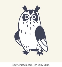 Wild animal, eagle owl contour. Woodland bird, night feathered predator. Cute fluffy owlet, friendly forest hunter outline sketch in childish style. Flat handdrawn isolated vector illustration