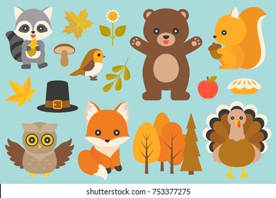 wild animal and elements such as bear, turkey, bird, fox, owl, raccoon, mushroom, maple leaves, branch with leaves, pilgrim hat for thanksgiving day and autumn season in flat design
