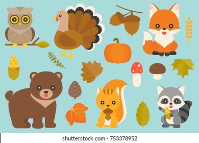 wild animal and elements such as owl, turkey, fox, acorn, pumpkin, maple leaves, pine cone, mushroom, bear, squirrel, corn, raccoon, wheat for thanksgiving day and fall season, flat design vector