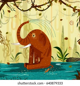 Wild animal Elephant in jungle forest background in vector