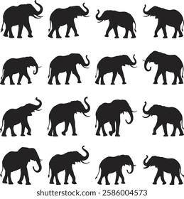 wild, animal, elephant, silhouette, vector, symbol, mammal, isolated, illustration, graphic, zoo, black, wildlife, icon, safari, Africa, African, set, collection, big, element, drawing, walking,