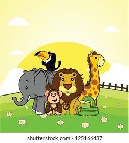 wild animal elephant,monkey,lion,giraffe,snake,toucan with grass land background