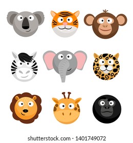 Wild Animal Emoticons. Vector Cartoon Funny Smileys Faces, Cartoon Animal Emojis. Wild Face Animal Head, Smiley Avatar Illustration